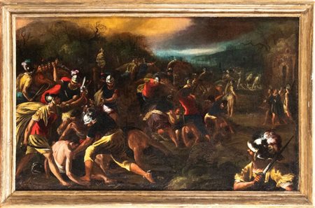 Artista napoletano, seconda metà XVII secolo  
Milizie romane aggrediscono i civili di una città nemica Napoli, XVII secolo
 Altezza x larghezza: 76,5 x 124 cm