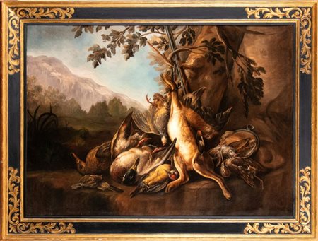 Artista lombardo, XVIII secolo  
Trofeo di caccia in un paesaggio XVIII secolo
 Altezza x larghezza: 98 x 134,5 cm