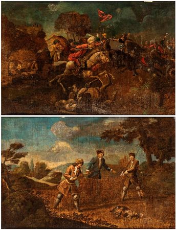  
Coppia di dipinti con scene di battaglia e di caccia XVIII secolo
 Altezza x larghezza con cornice: 54 x 77 cm
