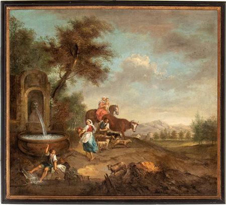 Francesco Zuccarelli (seguace di) (Pitigliano, 1702 - Firenze, 1788) 
Paesaggio con fontanile, pastori e greggi 
Olio su tela Altezza x larghezza: 99 x 110 cm.