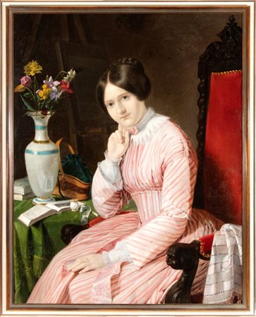Jean Auguste Dominique Ingres (ambito di) (Montauban, 1780 - Parigi, 1867) 
Ritratto di giovane dama seduta con vaso di fiori Francia, XIX secolo
 Altezza x larghezza con cornice: 104 x 84 cm