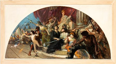 AUGUSTO GUGLIELMO STOPPOLONI (San Severino Marche, 1855 - Gubbio, 1936) 
Trionfo Inizi del XX secolo
olio su tela Altezza x larghezza con cornice: 63 x 115 cm
