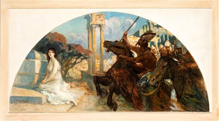 AUGUSTO GUGLIELMO STOPPOLONI (San Severino Marche, 1855 - Gubbio, 1936) 
I barbari Inizi del XX secolo
olio su tela Altezza x larghezza con cornice: 63 x 115 cm