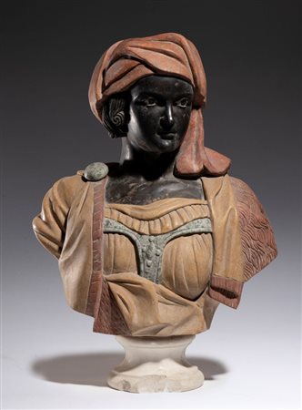  
Busto di "Moretta" in marmi policromi Italia, fine del XIX secolo
 Altezza x larghezza x profondità: 66 x 46 x 22 cm