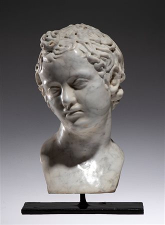  
Testa in marmo di Carrara raffigurante Apollo Bambino Italia, fine XVIII-inizio XIX secolo
 Altezza x larghezza x profondità: 39 x 25 x 20 cm