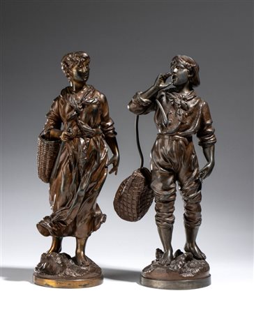 VICTOR ROUSSEAU (firma_di) (1865 - 1954) 
Coppia di sculture in bronzo francesi, firmate Rousseau Fine XIX secolo- inizio XX secolo
 Altezza x diametro: 33 x 10 cm 