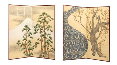  
Coppia di paraventi Byōbu Giappone, XX secolo
 Altezza x larghezza: 153 x 140 cm