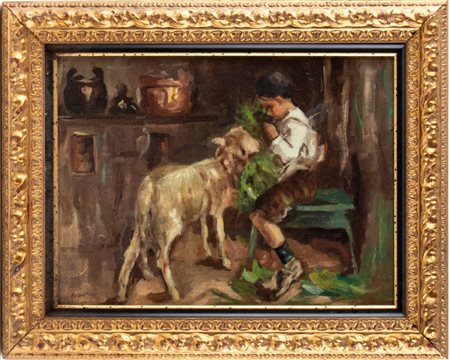  
Scena di interno con bambino XX secolo
 Altezza x larghezza con cornice: 43 x 52 cm
