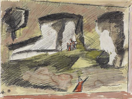 Mario Sironi, Sassari 1885 - Milano 1961, Paesaggio, Tecnica mista su carta,...