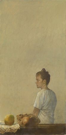 Giorgio Scalco, Schio (Vi) 1929, Ginni il pane la mela, 1982, Olio su tela,...