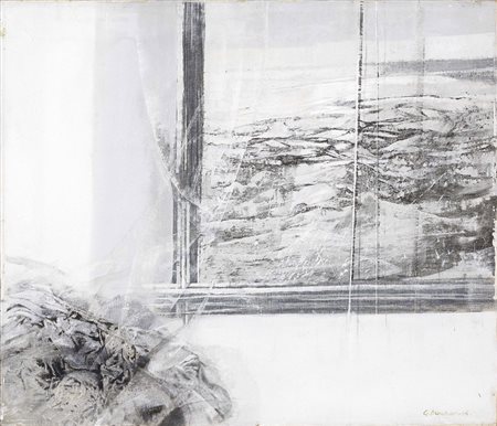 Giuseppe Banchieri, Milano 1927 - Pisa 1994, Paesaggio e finestra, 1964, Olio...