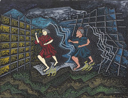 Pippo Oriani, Torino 1909 - Roma 1972, La fuga, 1960-65, Encausto graffito su...