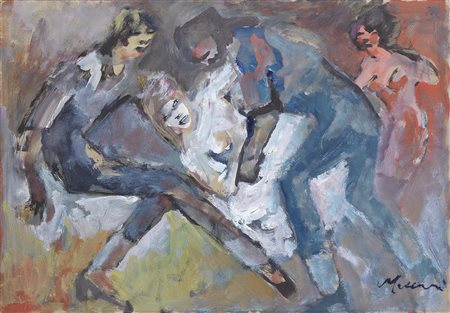 Mino Maccari, Siena 1898 - Roma 1989, Ballerini, (1970), Olio su cartone, cm....