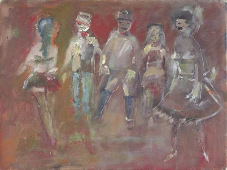 Mino Maccari, Siena 1898 - Roma 1989, Figure, Olio su cartone telato, cm....