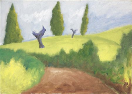 Ottone Rosai, Firenze 1895 - Ivrea (To) 1957, Paesaggio con cipressi, Olio su...