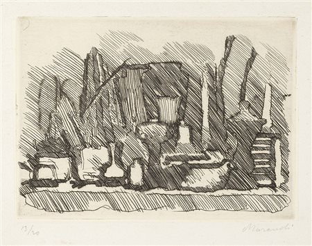 Giorgio Morandi, Bologna 1890 - 1964, Natura morta di vasi, bottiglie ecc. su...