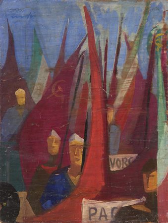 Mario Mafai, Roma 1902 - 1965, Il corteo con bandiere, 1950, Olio su tavola,...