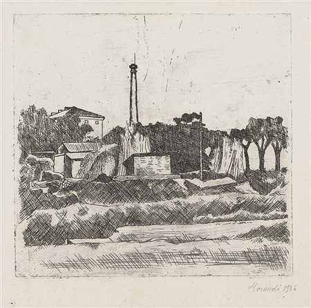 Giorgio Morandi, Bologna 1890 - 1964, Paesaggio con la ciminiera (Sobborghi...