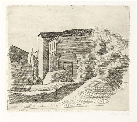 Giorgio Morandi, Bologna 1890 - 1964, La casetta con il portico e il cipresso...