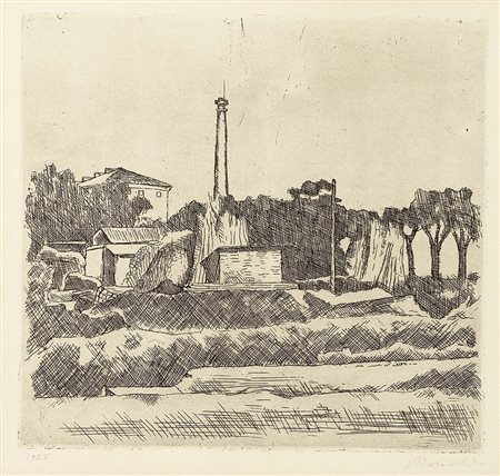 Giorgio Morandi, Bologna 1890 - 1964, Paesaggio con la ciminiera, 1926,...