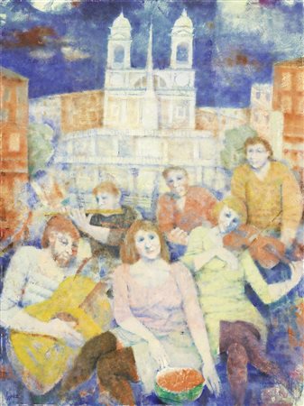 Remo Squillantini, Stia (Ar) 1920 - 1996, Ragazzi a Trinità dei Monti, 1986,...