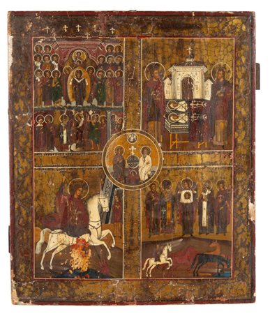  Icona russa Trinità neotestamentaria, Madre di Dio Gioia di Tutti gli Afflitti, San Giorgio e santi - fine XVIII – inizi XIX secolo (circa 1790–1820)