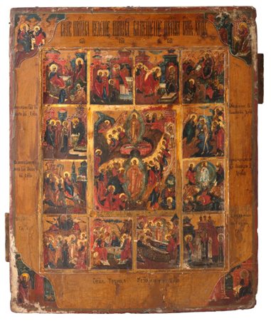  Icona russa raffigurante le Dodici Grandi Feste con la Resurrezione di Cristo e l'Anastasis al centro - fine XVIII – inizi XIX secolo