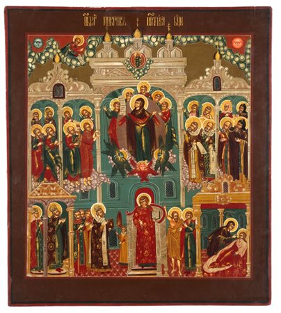  Icona russa raffigurante la Protezione della Madre di Dio  - fine XIX secolo (circa 1880–1900)
