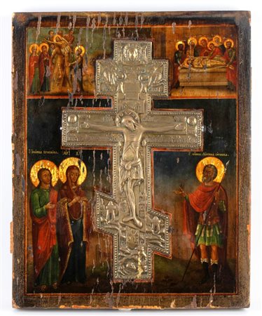  Croce russa  devozionale incastonata su tavola dipinta - XIX secolo 