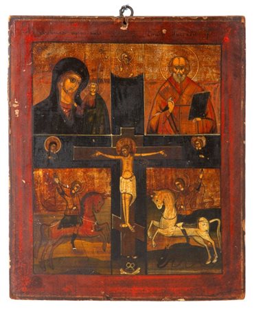  Icona russa raffigurante la Crocifissione di Cristo con la Madre di Dio di Kazan, San Nicola Taumaturgo e santi Floro e Lauro  - inizio XIX secolo
