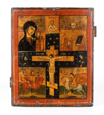  Icona russa quadripartita raffigurante la crocifissione di Cristo e Santi Protettori  - Fine XIX secolo