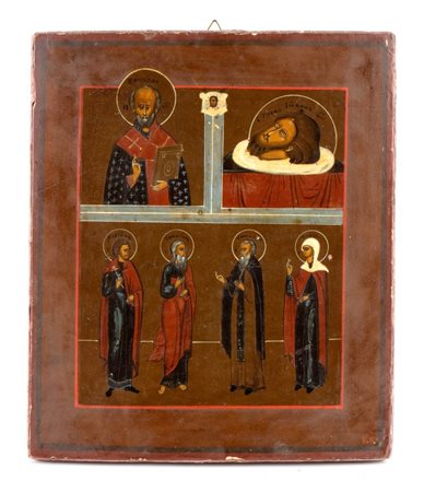 Icona russa multiquadro con San Nicola, la Decollazione di San Giovanni Battista, Santi Martiri di Edessa, Santa Eufemia e Mandylion di Edessa  - XIX secolo