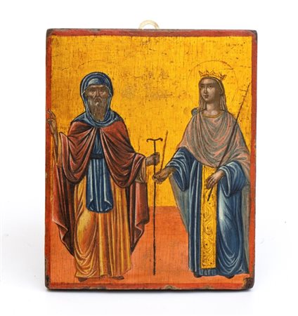  Icona russa raffigurante un Santo Monaco Eremita e una Santa Regina (Santa Barbara o Santa Caterina d'Alessandria) - Balcani, inizio XX secolo