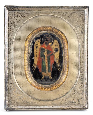  Icona russa raffigurante San Giovanni Battista "Angelo del Deserto" con riza in argento - Mosca, 1896-1908