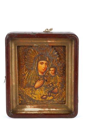  Icona russa raffigurante la Madre di Dio di Kazan con riza - XX secolo