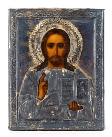  Icona russa raffigurante il Cristo Pantocratore con riza in argento - Mosca, 1908-1926