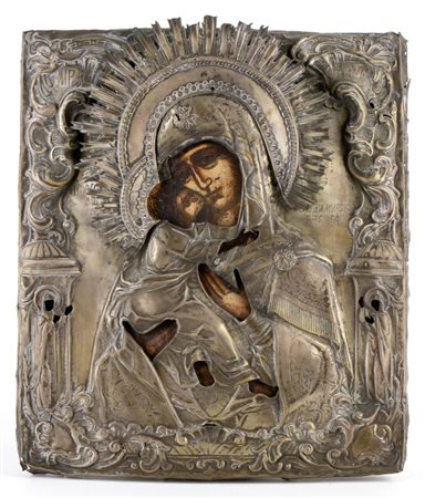  Icona russa raffigurante la Madre di Dio di Vladimir (Vladimirskaja) con riza  - XIX secolo
