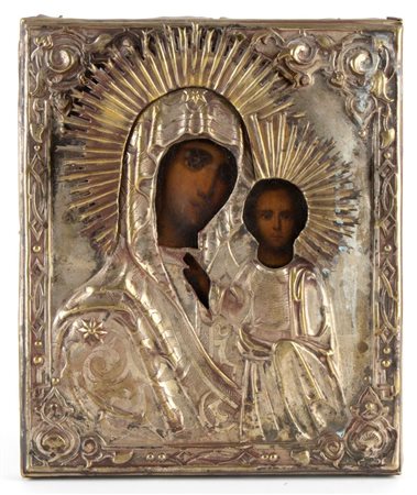  Icona russa raffigurante la Madre di Dio di Kazan con riza  - Fine XIX secolo