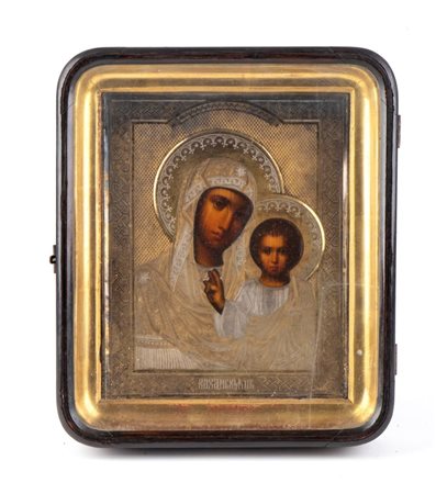  Icona russa raffigurante la Madonna di Kazan con riza in argento - Mosca, 1893