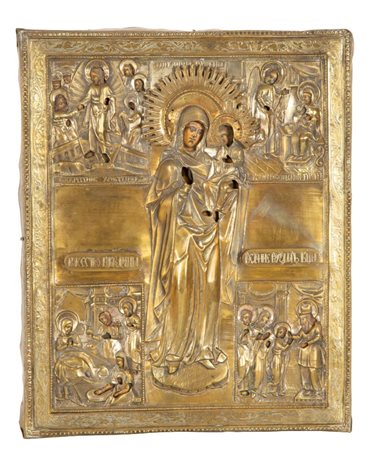  Icona russa raffigurante Madre di Dio "Degna è veramente" con scene della vita di Cristo e della Vergine - fine XIX secolo (circa 1880–1900)