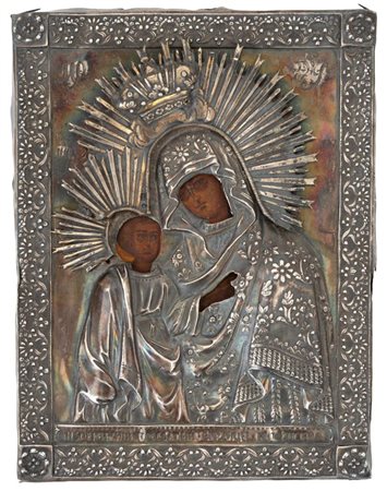  Icona russa raffigurante la Madre di Dio di Iver con riza in argento - San Pietroburgo, 1836