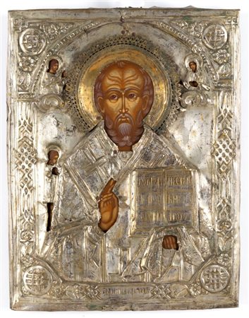  Icona russa raffigurante San Nicola Taumaturgo con riza - fine XIX secolo (1880–1900 circa)