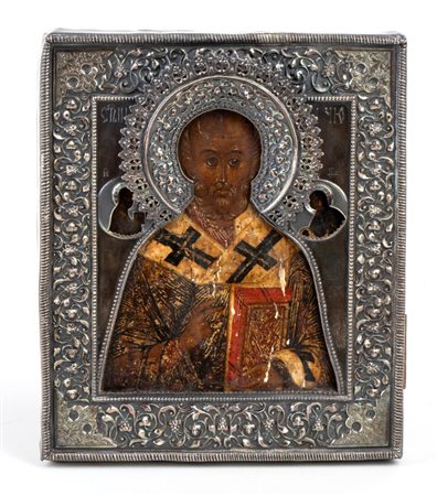 VASILIEVICH ZAKHROVIVAN
()
 Icona russa  raffigurante San Nicola Taumaturgo con riza in argento  - Mosca, 1853