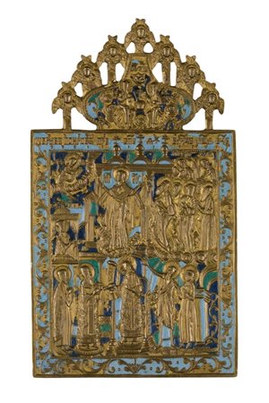  Icona da viaggio raffigurante la protezione del velo (Pokrov) della madre di Dio - XIX secolo 