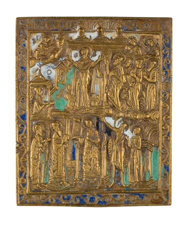  Icona da viaggio raffigurante la protezione del velo (Pokrov) della madre di Dio - XIX secolo 