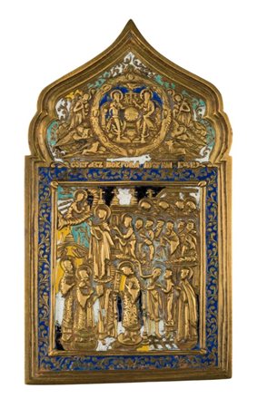 Icona da viaggio raffigurante la protezione del velo (Pokrov) della madre di Dio - Inizio XX secolo 