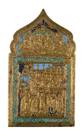  Icona da viaggio raffigurante la protezione del velo (Pokrov) della madre di Dio - Inizio XX secolo 