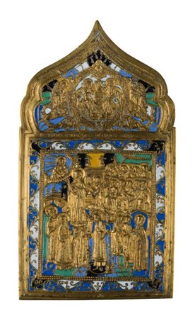  Icona da viaggio raffigurante la protezione del velo (Pokrov) della madre di Dio - Inizio XX secolo 