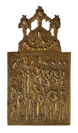  Icona da viaggio raffigurante la protezione del velo (Pokrov) della madre di Dio - XIX secolo 
