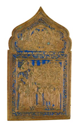  Icona da viaggio raffigurante la protezione del velo (Pokrov) della madre di Dio - XIX secolo